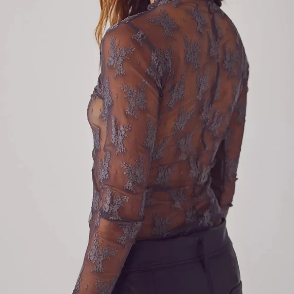 Free People Sheer Floral Long Sleeve Top - Gray - Picture 2 of 2